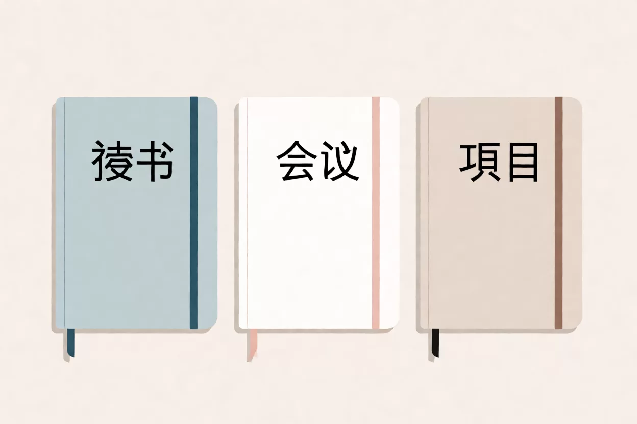 三本贴好标签的笔记本分别对应读书、会议与项目模板