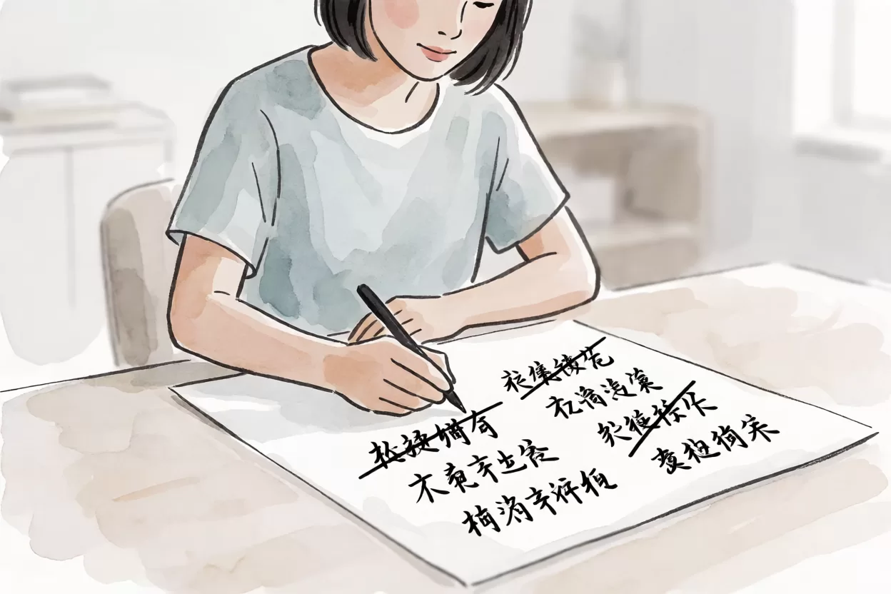 在纸上列出多个公众号候选标题并逐条划掉的手写场景